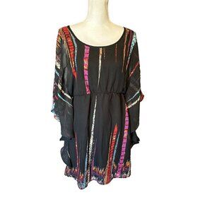 AUW Women's Dress Size S Black Multicolor Boho Chiffon Dress Bell Sleeves